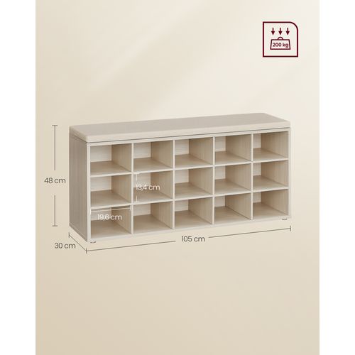 Banc à Chaussures, Assise Rembourrée 15 Compartiments, Capacité De Charge 200 Kg, Beige