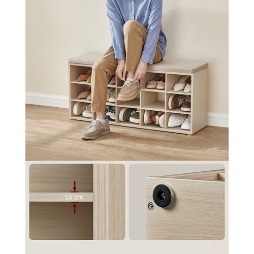 Banc à Chaussures, Assise Rembourrée 15 Compartiments, Capacité De Charge 200 Kg, Beige