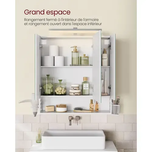 Armoire Murale Avec Miroir, Multiprise, Panier Suspendu, Support Pour Sèche-cheveux, Blanc Nuage