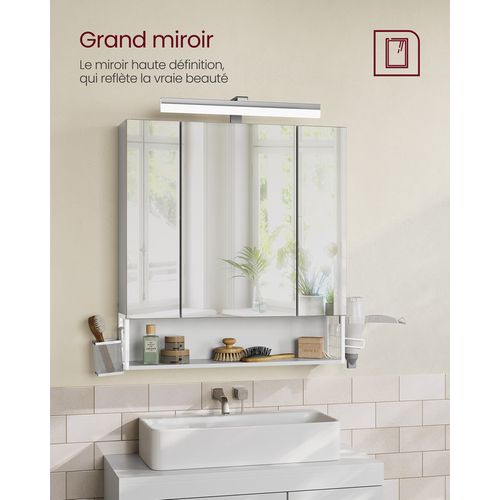 Armoire Murale Avec Miroir, Multiprise, Panier Suspendu, Support Pour Sèche-cheveux, Blanc Nuage