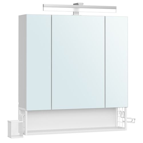Armoire Murale Avec Miroir, Multiprise, Panier Suspendu, Support Pour Sèche-cheveux, Blanc Nuage