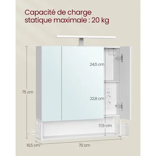 Armoire Murale Avec Miroir, Multiprise, Panier Suspendu, Support Pour Sèche-cheveux, Blanc Nuage