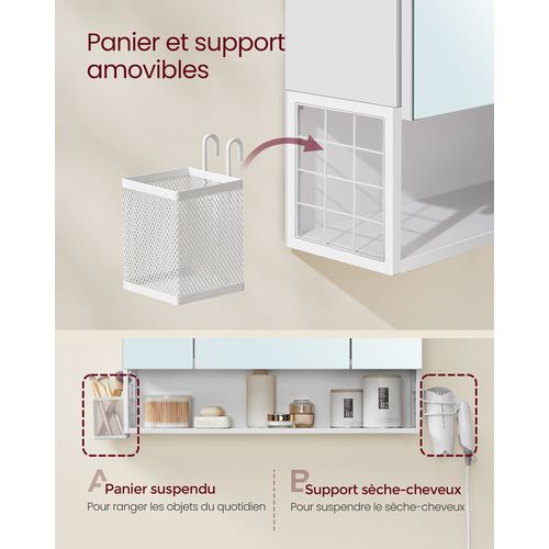Armoire Murale Avec Miroir, Multiprise, Panier Suspendu, Support Pour Sèche-cheveux, Blanc Nuage