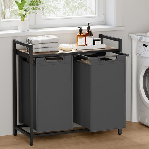 Panier à Linge, 2 Sacs Amovibles En Tissu Oxford, 2 X 46l, 73 X 33 X 72 Cm, Marron Camel Et Gris