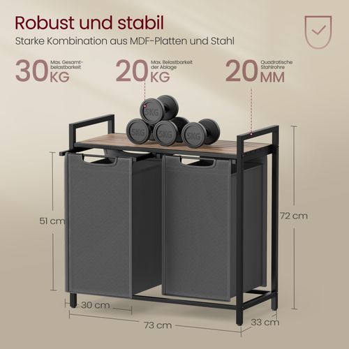 Panier à Linge, 2 Sacs Amovibles En Tissu Oxford, 2 X 46l, 73 X 33 X 72 Cm, Marron Camel Et Gris