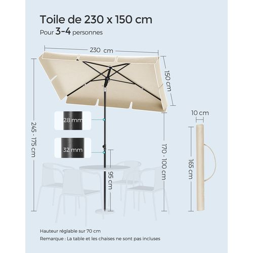 Parasol 230 X 150 Cm, Protection Solaire Upf 50+, Inclinable Sur 30° Dans Les 2 Sens, Beige