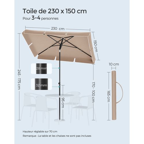 Parasol 230 X 150 Cm, Protection Solaire Upf 50+, Inclinable Sur 30° Dans Les 2 Sens, Taupe
