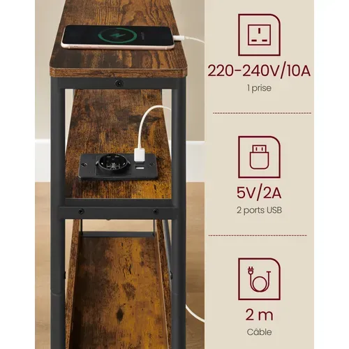 Table D'appoint Fine Avec Multiprise, Table De Chevet à 3 Niveaux, Marron Rustique Et Noir D’encre