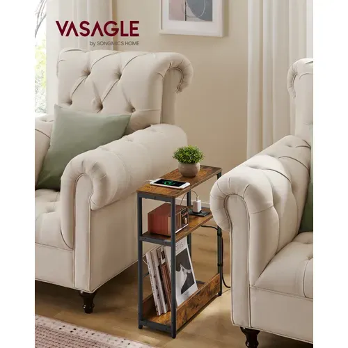 Table D'appoint Fine Avec Multiprise, Table De Chevet à 3 Niveaux, Marron Rustique Et Noir D’encre