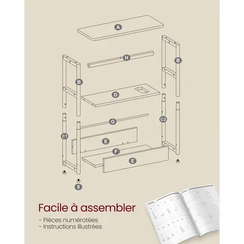 Table D'appoint Fine Avec Multiprise, Table De Chevet à 3 Niveaux, Marron Rustique Et Noir D’encre