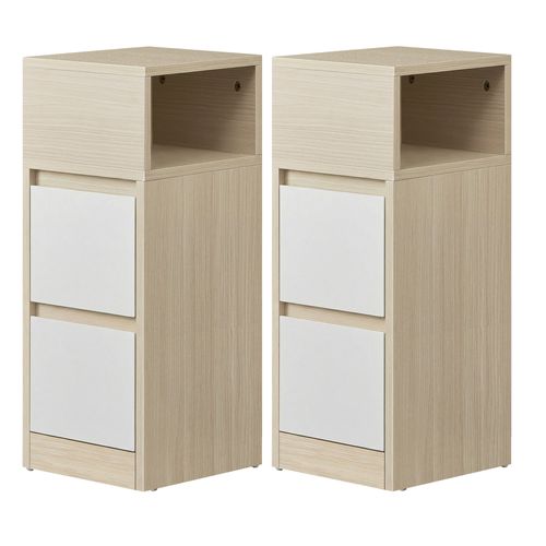 Tables De Chevet, Lot De 2, Avec 2 Tiroirs, Beige Naturel Et Blanc Nuage