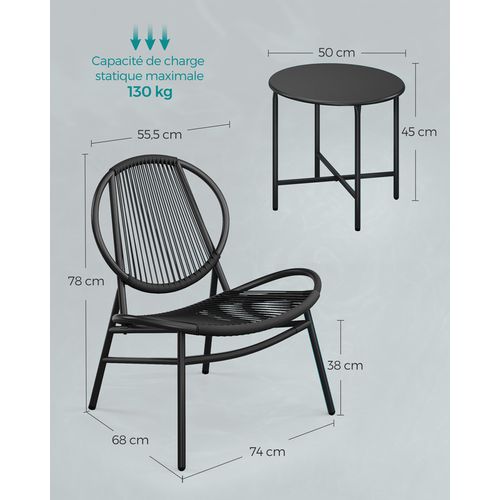 Ensemble Salon De Jardin, 3 Pièces, Table D'appoint Et 2 Chaises, Balcon, Noir D'encre