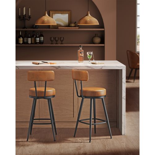 Tabouret De Bar, Lot De 2, Siège Rembourré, Pu Avec Coutures, Hauteur 65 Cm, Marron Caramel
