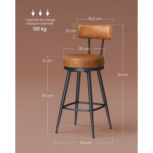 Tabouret De Bar, Lot De 2, Siège Rembourré, Pu Avec Coutures, Hauteur 65 Cm, Marron Caramel