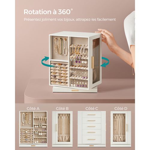 Boîte à Bijoux Pivotante Sur 360°, Avec 5 Tiroirs, Fenêtres En Verre Latérales,design Ouvert, Blanc