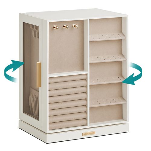 Boîte à Bijoux Pivotante Sur 360°, Avec 5 Tiroirs, Fenêtres En Verre Latérales,design Ouvert, Blanc