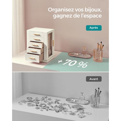 Boîte à Bijoux Pivotante Sur 360°, Avec 5 Tiroirs, Fenêtres En Verre Latérales,design Ouvert, Blanc