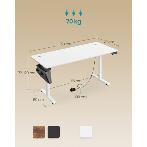 Bureau Électrique Assis-debout, Bureau Réglable En Hauteur, 70 X 160 X (72-120) Cm, Blanc Nuage