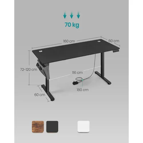 Bureau Électrique Assis-debout, Bureau Réglable En Hauteur, 70 X 160 X (72-120) Cm, Noir D'encre