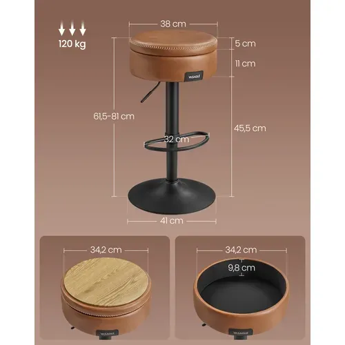 Tabouret De Bar Pivotant à 360°, Hauteur Réglable, Avec Rangement, Pu Avec Coutures, Marron Caramel