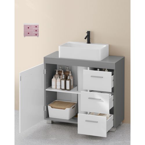 Meuble Sous Lavabo, 3 Tiroirs Latéraux, Pour Lavabos Sur Colonne, Avec Pieds, Blanc Et Gris