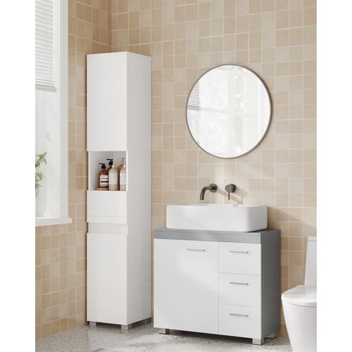 Meuble Sous Lavabo, 3 Tiroirs Latéraux, Pour Lavabos Sur Colonne, Avec Pieds, Blanc Et Gris