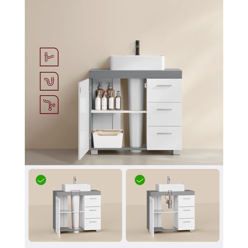 Meuble Sous Lavabo, 3 Tiroirs Latéraux, Pour Lavabos Sur Colonne, Avec Pieds, Blanc Et Gris