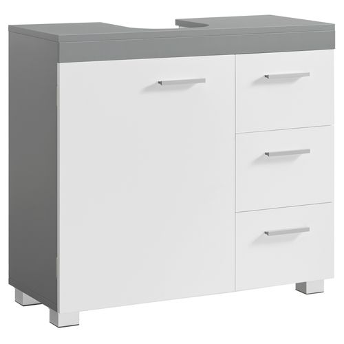 Meuble Sous Lavabo, 3 Tiroirs Latéraux, Pour Lavabos Sur Colonne, Avec Pieds, Blanc Et Gris