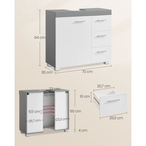 Meuble Sous Lavabo, 3 Tiroirs Latéraux, Pour Lavabos Sur Colonne, Avec Pieds, Blanc Et Gris