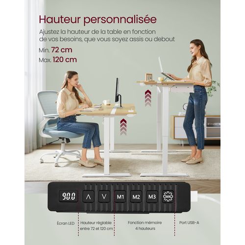 Bureau Électrique Réglable En Hauteur, Multiprise, 70 X 160 Cm, Couleur Chêne Naturel Et Blanc