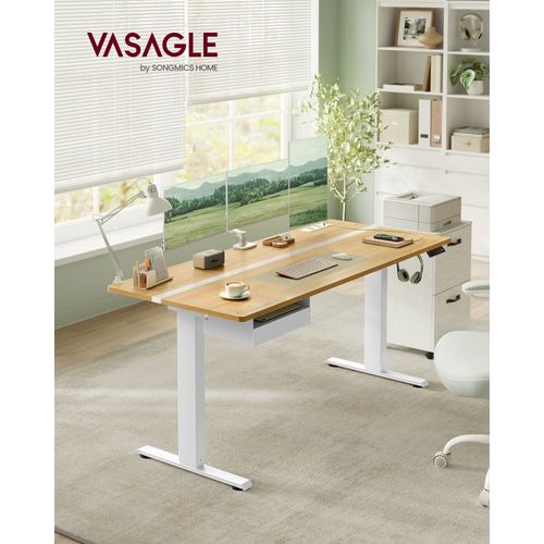 Bureau Électrique Réglable En Hauteur, Multiprise, 70 X 160 Cm, Couleur Chêne Naturel Et Blanc