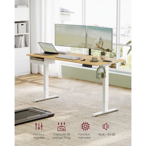 Bureau Électrique Réglable En Hauteur, Multiprise, 70 X 160 Cm, Couleur Chêne Naturel Et Blanc