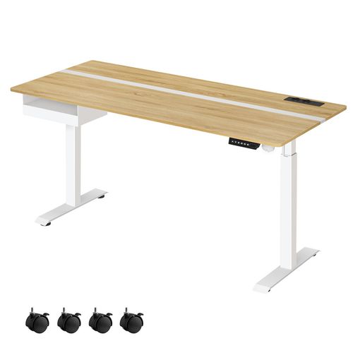Bureau Électrique Réglable En Hauteur, Multiprise, 70 X 160 Cm, Couleur Chêne Naturel Et Blanc
