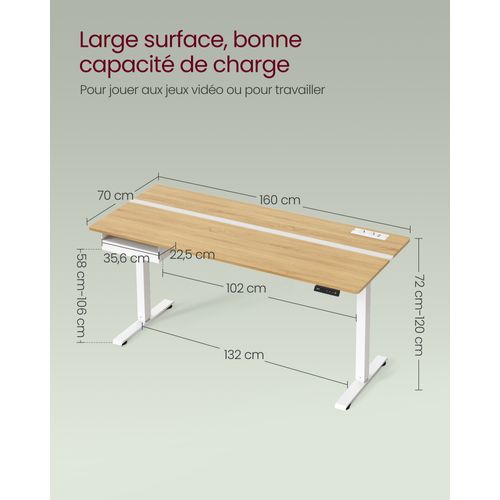Bureau Électrique Réglable En Hauteur, Multiprise, 70 X 160 Cm, Couleur Chêne Naturel Et Blanc
