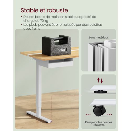 Bureau Électrique Réglable En Hauteur, Multiprise, 70 X 160 Cm, Couleur Chêne Naturel Et Blanc