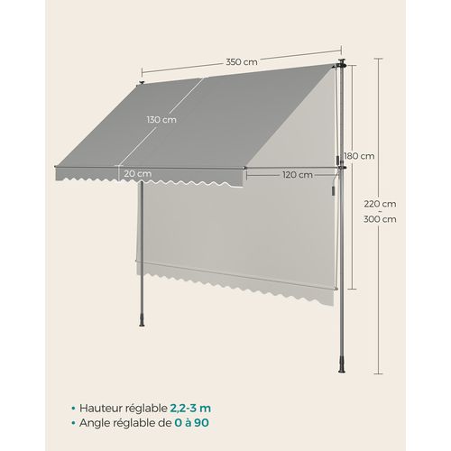 Store Banne Rétractable, Store Manuel, Réglable En Hauteur, Avec Manivelle, 350 X 120 Cm, Gris