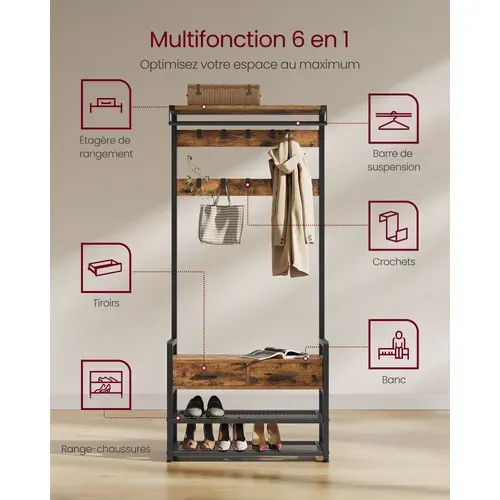 Vestiaire D'entrée Avec 10 Crochets Amovibles, 2 Tiroirs, Design Séparable, Marron Et Noir