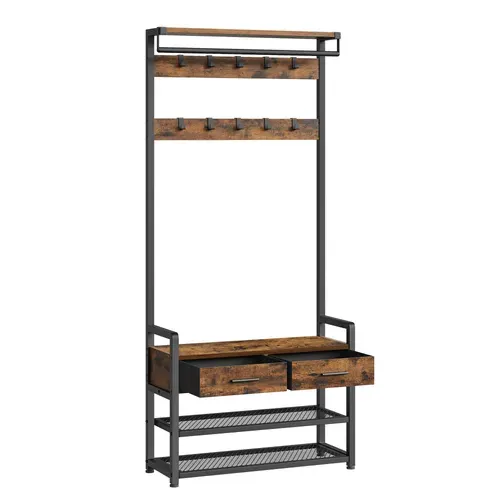 Vestiaire D'entrée Avec 10 Crochets Amovibles, 2 Tiroirs, Design Séparable, Marron Et Noir