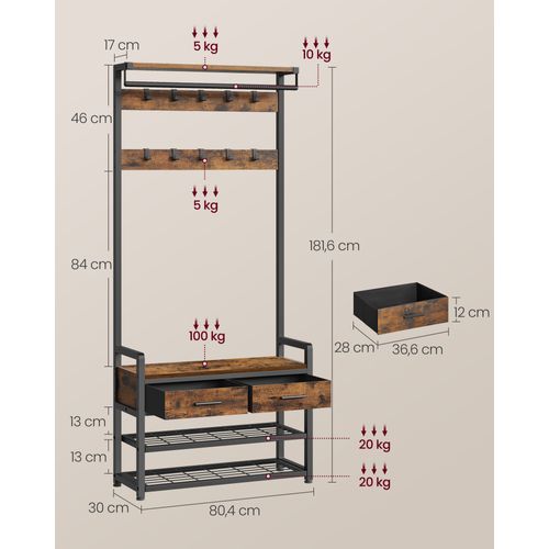 Vestiaire D'entrée Avec 10 Crochets Amovibles, 2 Tiroirs, Design Séparable, Marron Et Noir