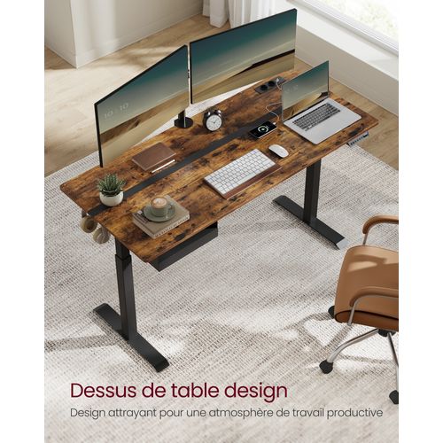 Bureau Électrique Réglable En Hauteur, Multiprise, Tiroir, 70 X 160 Cm, Marron Rustique Et Noir