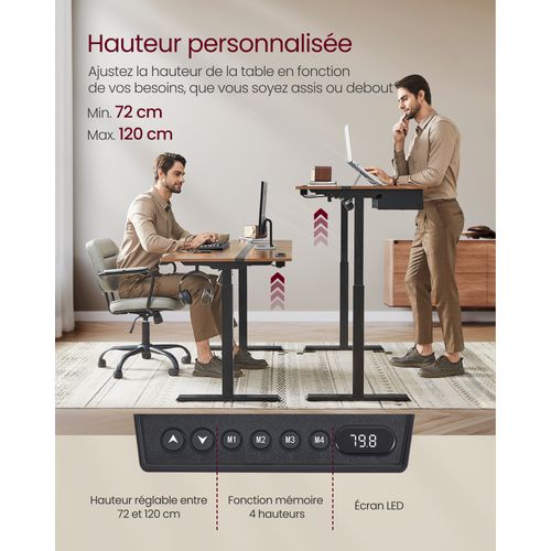 Bureau Électrique Réglable En Hauteur, Multiprise, Tiroir, 70 X 160 Cm, Marron Rustique Et Noir