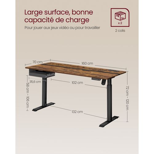 Bureau Électrique Réglable En Hauteur, Multiprise, Tiroir, 70 X 160 Cm, Marron Rustique Et Noir
