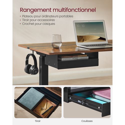 Bureau Électrique Réglable En Hauteur, Multiprise, Tiroir, 70 X 160 Cm, Marron Rustique Et Noir