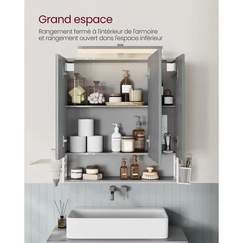 Armoire Murale Avec Miroir, Multiprise, Panier Suspendu, Blanc Nuage Et Gris Tourterelle