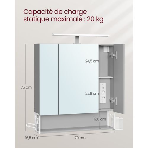 Armoire Murale Avec Miroir, Multiprise, Panier Suspendu, Blanc Nuage Et Gris Tourterelle