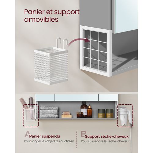 Armoire Murale Avec Miroir, Multiprise, Panier Suspendu, Blanc Nuage Et Gris Tourterelle