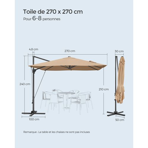 Parasol De Jardin Déporté 270 X 270 Cm, Upf 50+ Pivotant à 360°, Inclinaison, Marron Camel
