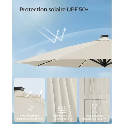 Parasol De Jardin 300 Cm, 28 LED Solaires, Upf 50+, Pivotant à 360°, Inclinaison Fluide, Blabc Crème