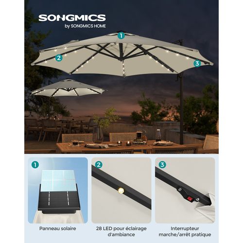 Parasol De Jardin 300 Cm, 28 LED Solaires, Upf 50+, Pivotant à 360°, Inclinaison Fluide, Blabc Crème