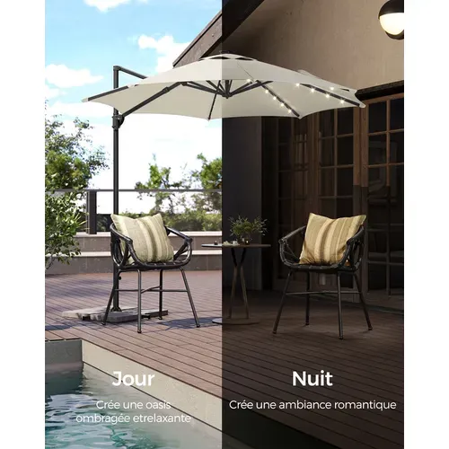Parasol De Jardin 300 Cm, 28 LED Solaires, Upf 50+, Pivotant à 360°, Inclinaison Fluide, Blabc Crème